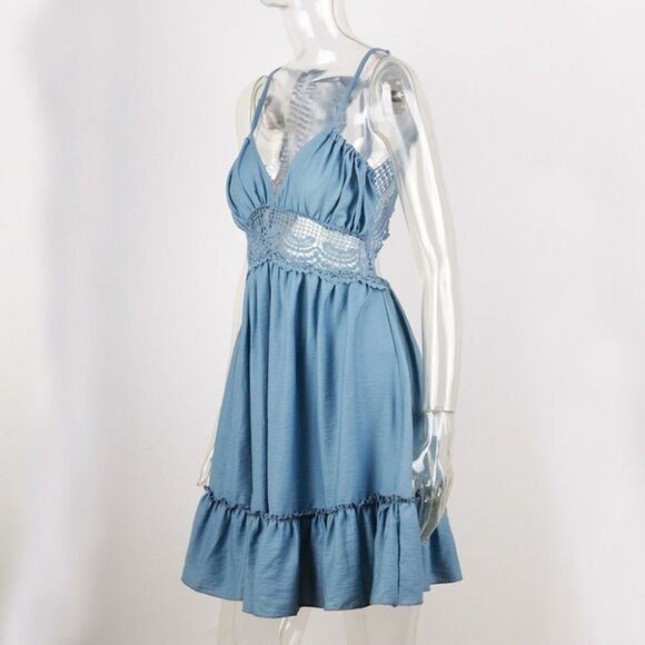 NEW! Blue Crochet Lace Ruffled Halter Mini Dress - Picture 6 of 11